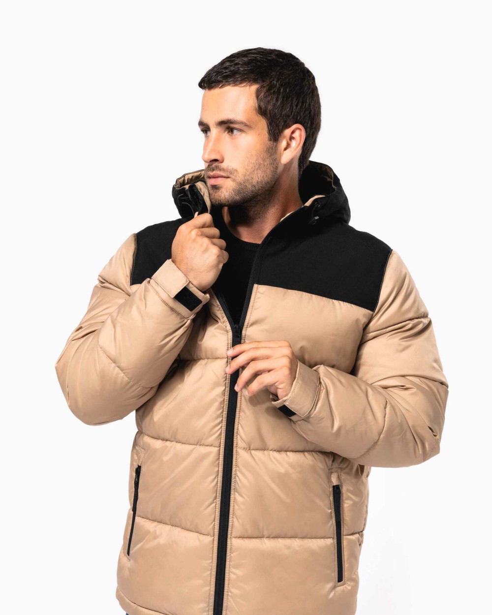 Jassen KARIBAN Uniseks tweekleurige gewatteerde donsjas met capuchon voor bedrukking &amp; borduring