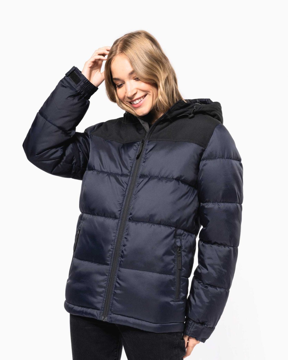 Jassen KARIBAN Uniseks tweekleurige gewatteerde donsjas met capuchon voor bedrukking &amp; borduring