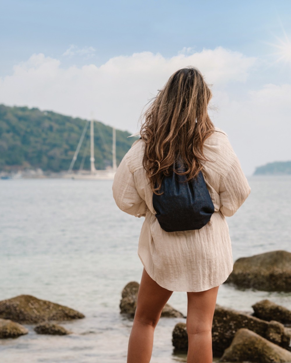 4DO Impact AWARE™ Rucksack aus recyceltem Denim mit Kordelzug Taschen personalisierbar