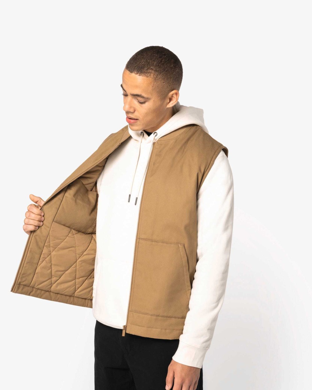 Jassen NATIVE SPIRIT Ecologische gevoerde uniseks bodywarmer van twill met teddykraag voor bedrukking &amp; borduring