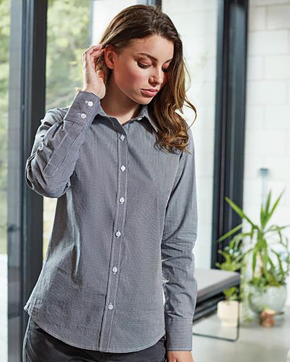 PREMIER Ladies' long sleeve microcheck gingham shirt Hemden personalisierbar