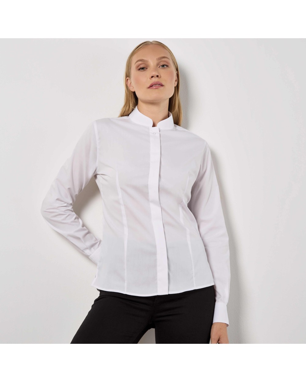 Hemden KUSTOM KIT Women's mandarin collar shirt long-sleeved (tailored fit) voor bedrukking &amp; borduring