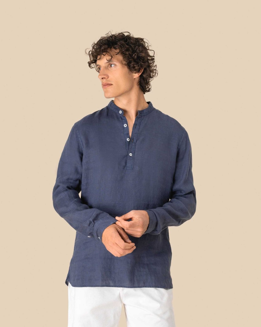 Hemden SPASSO Verwassen linen herenoverhemd met maokraag voor bedrukking &amp; borduring