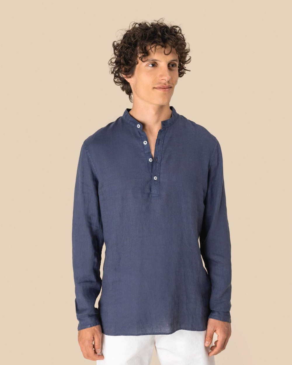 Hemden SPASSO Verwassen linen herenoverhemd met maokraag voor bedrukking &amp; borduring