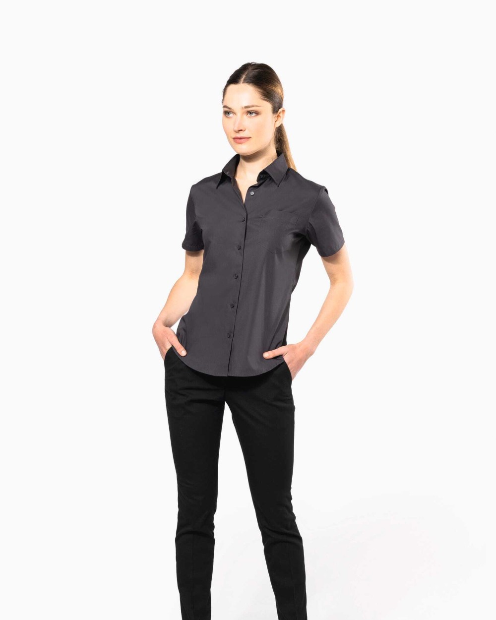 Hemden KARIBAN Dames Poplin Blouse Korte Mouwen voor bedrukking &amp; borduring