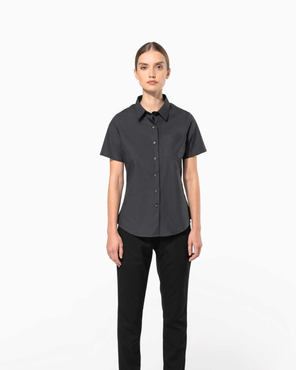 KARIBAN Damen Popelinebluse Kurzarm Hemden personalisierbar