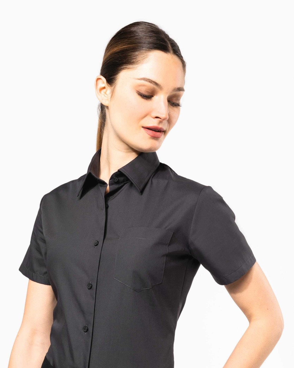 KARIBAN Damen Popelinebluse Kurzarm Hemden personalisierbar