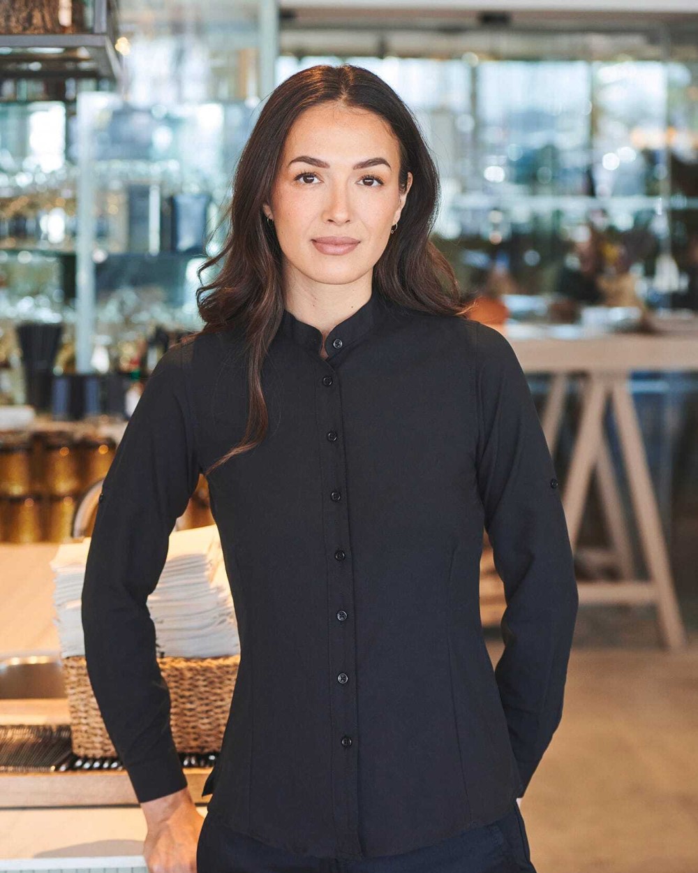 HENBURY Ladies' Mandarin Shirt with Roll-tan Sleeve Hemden personalisierbar