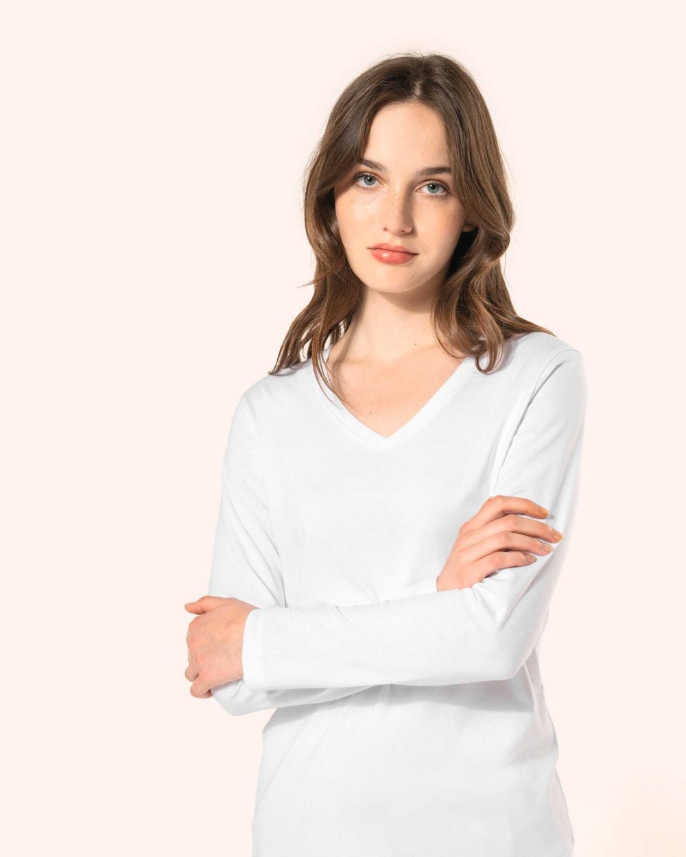 T-shirts KARIBAN Supima® dames-T-shirt V-hals lange mouwen voor bedrukking &amp; borduring