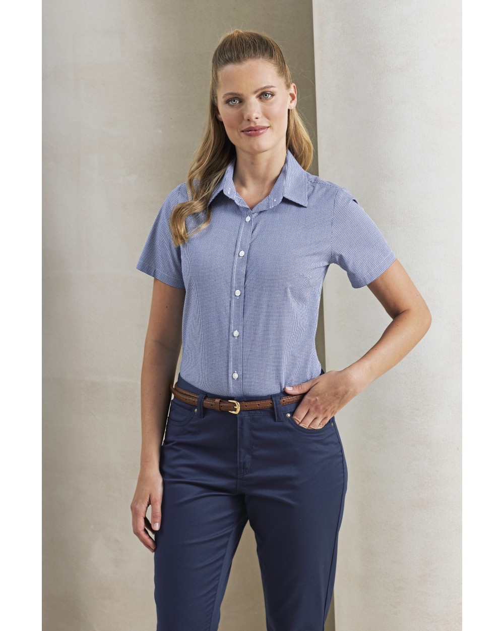 PREMIER Ladies Microcheck (Gingham) Short Sleeve Shirt Cotton Hemden personalisierbar