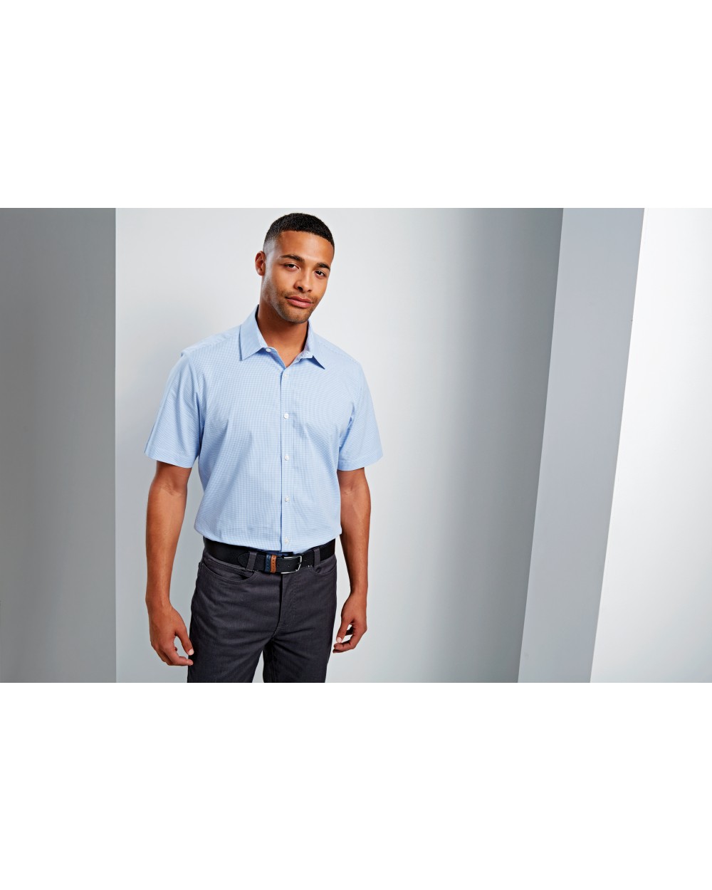 PREMIER Mens microcheck (Gingham) Short Sleeve Shirt Cotton Hemden personalisierbar