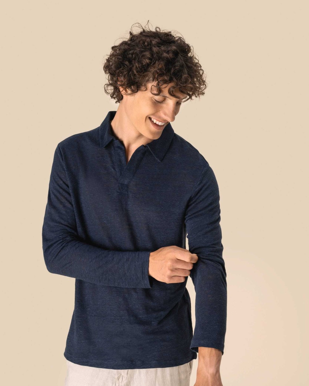SPASSO Leinen-Polohemd mit langen Ärmeln für Herren Poloshirts personalisierbar