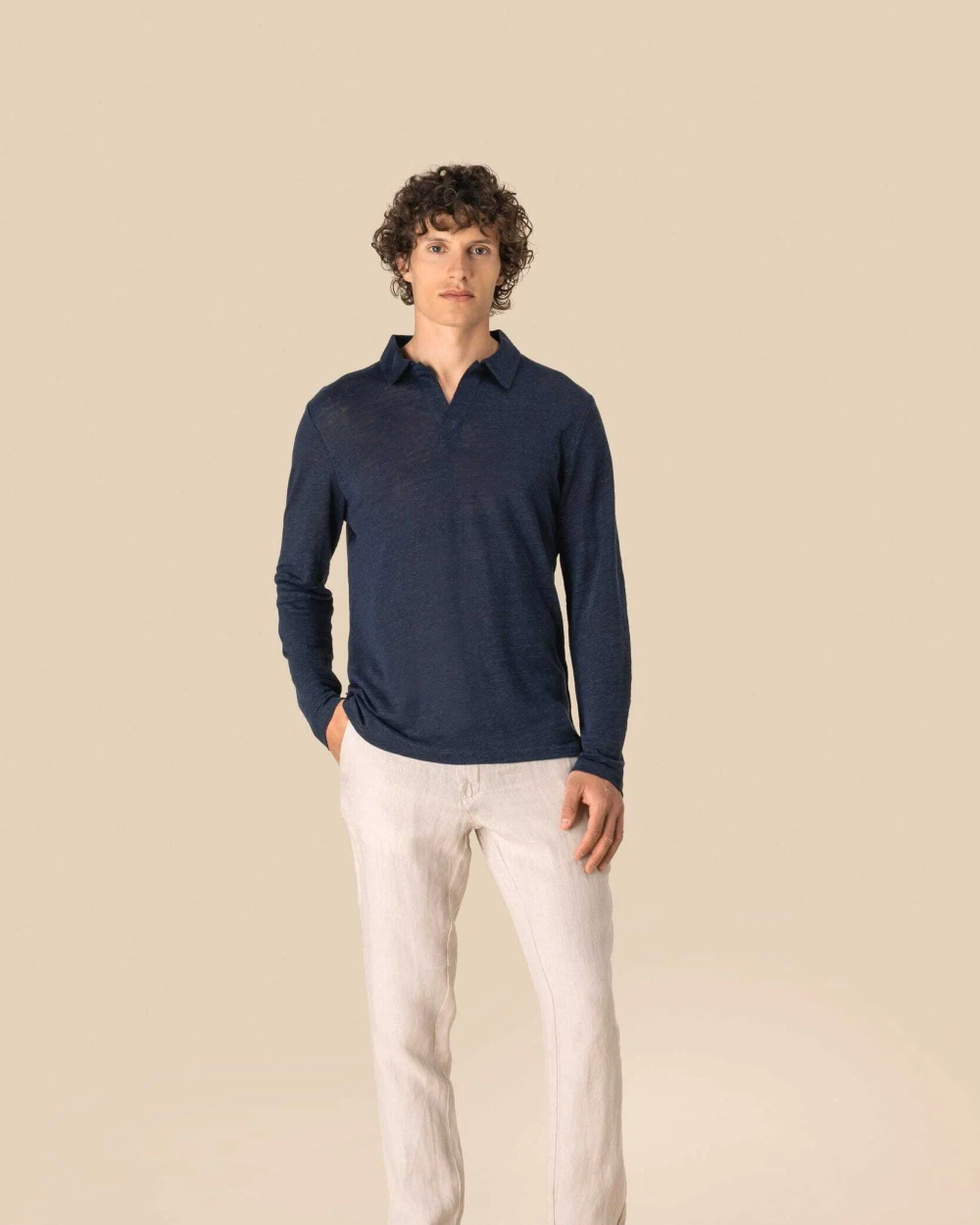 SPASSO Leinen-Polohemd mit langen Ärmeln für Herren Poloshirts personalisierbar