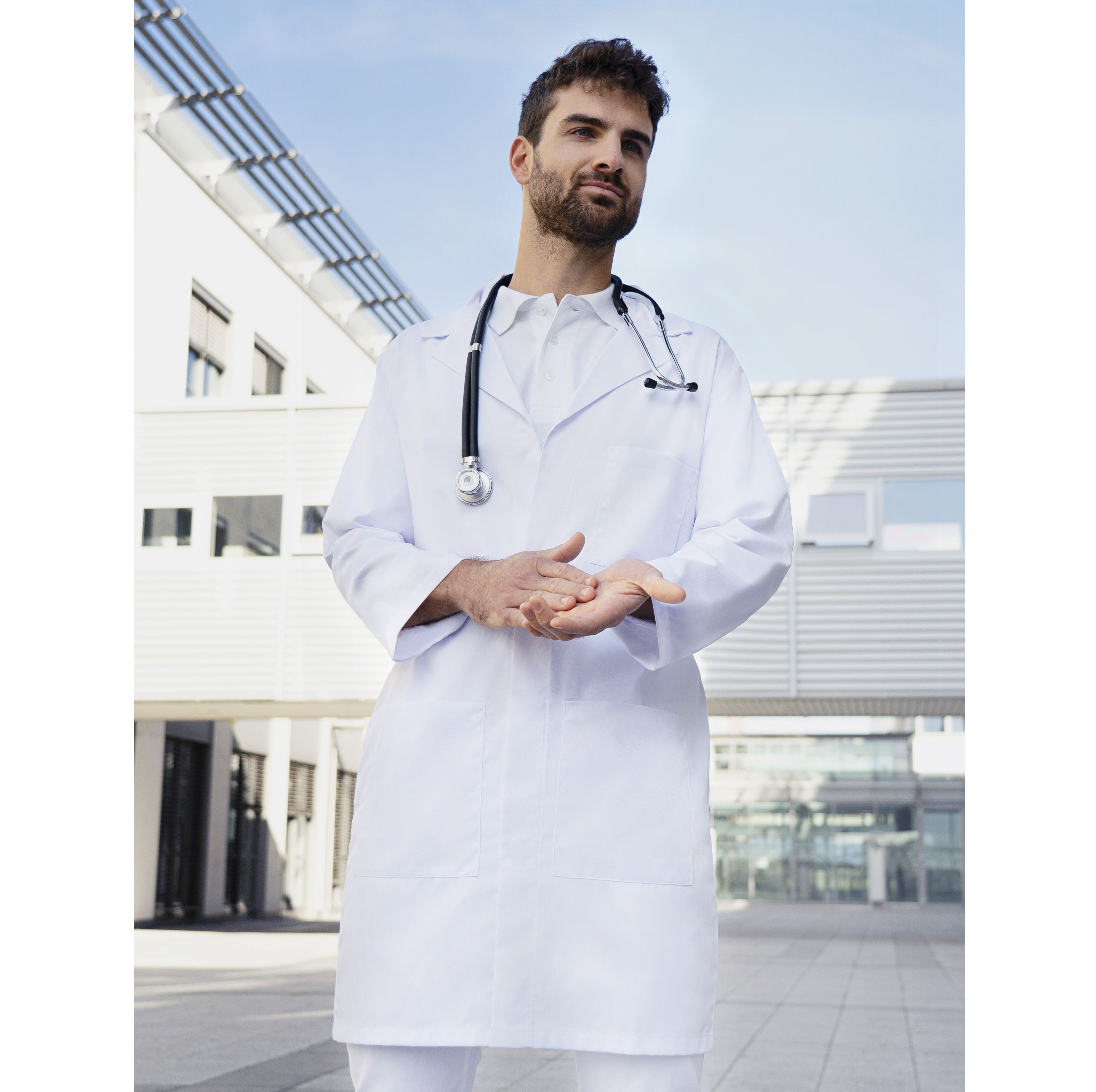 KARLOWSKY MEN´S MEDICAL AND LAB COAT WITH LAPEL COLLAR AND CONCEALED BUTTON PLACKET Hemden personalisierbar