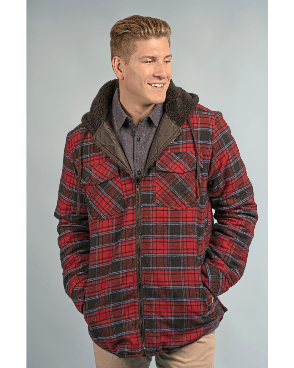 BURNSIDE Men´s Flannel Jacket With Sherpa Hoodie Jacken personalisierbar