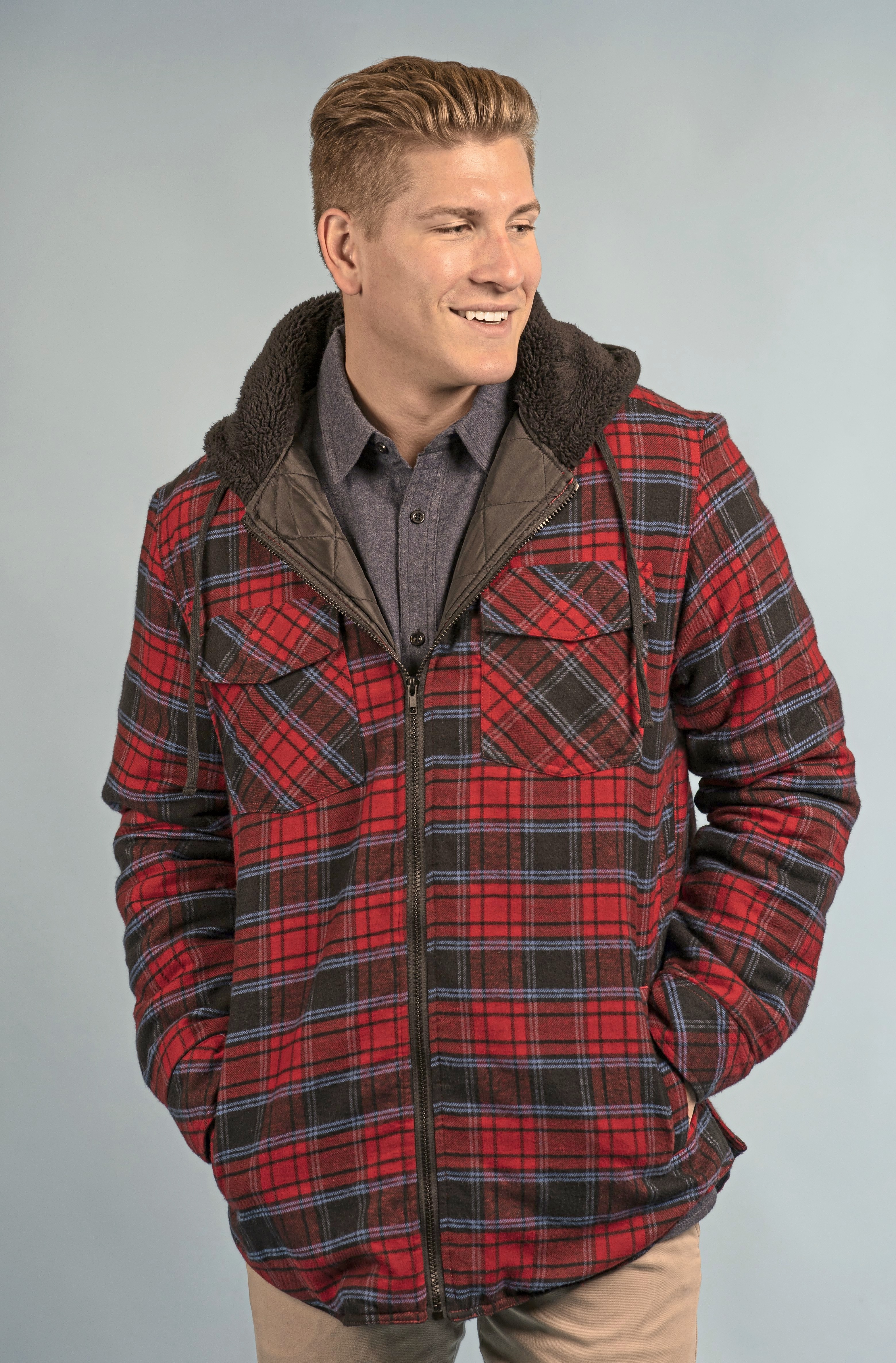 Vestes personnalisable BURNSIDE Men´s Flannel Jacket With Sherpa Hoodie