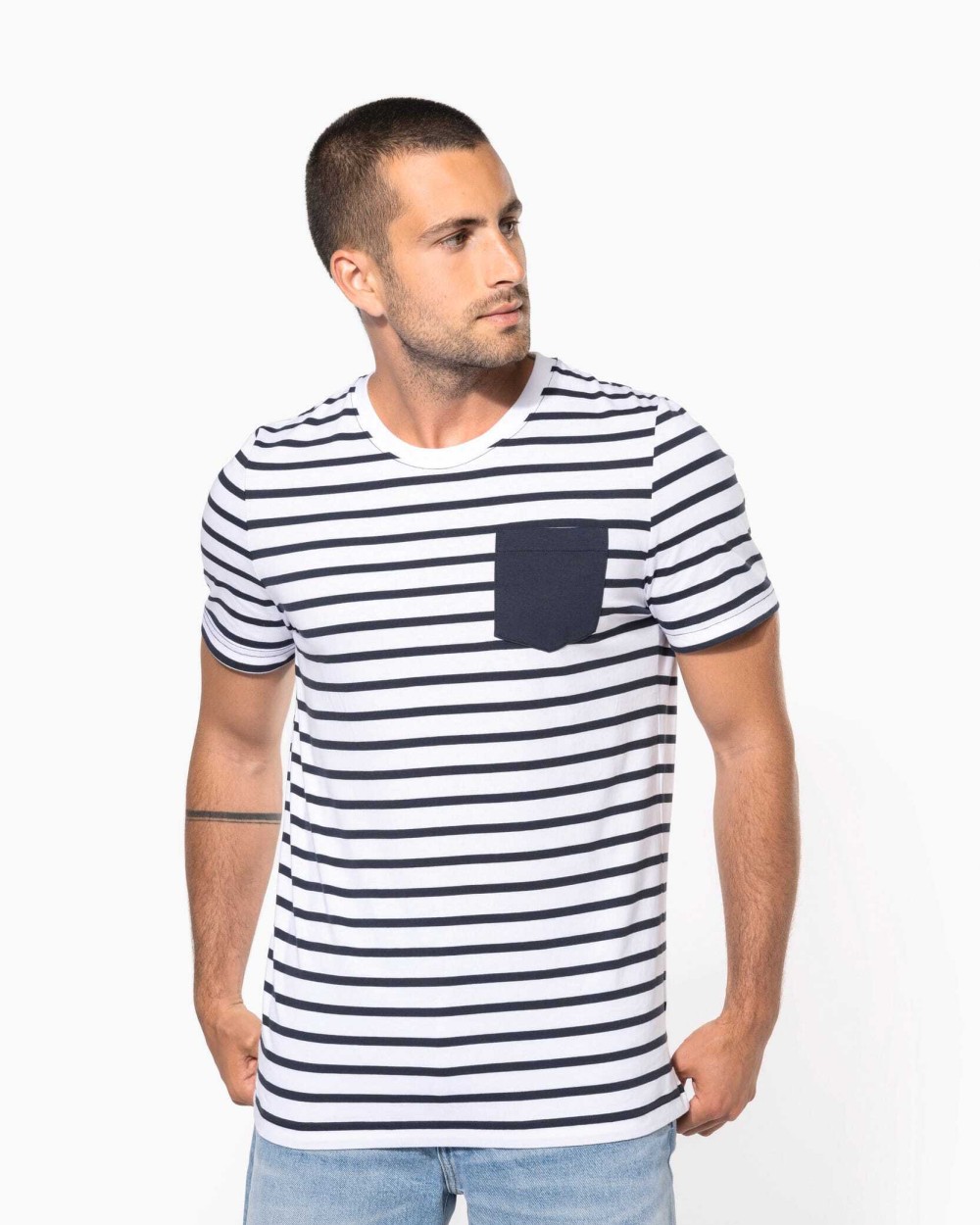 KARIBAN Gestreiftes Kurzarm-T-Shirt im Marine-Stil mit Tasche T-Shirts personalisierbar