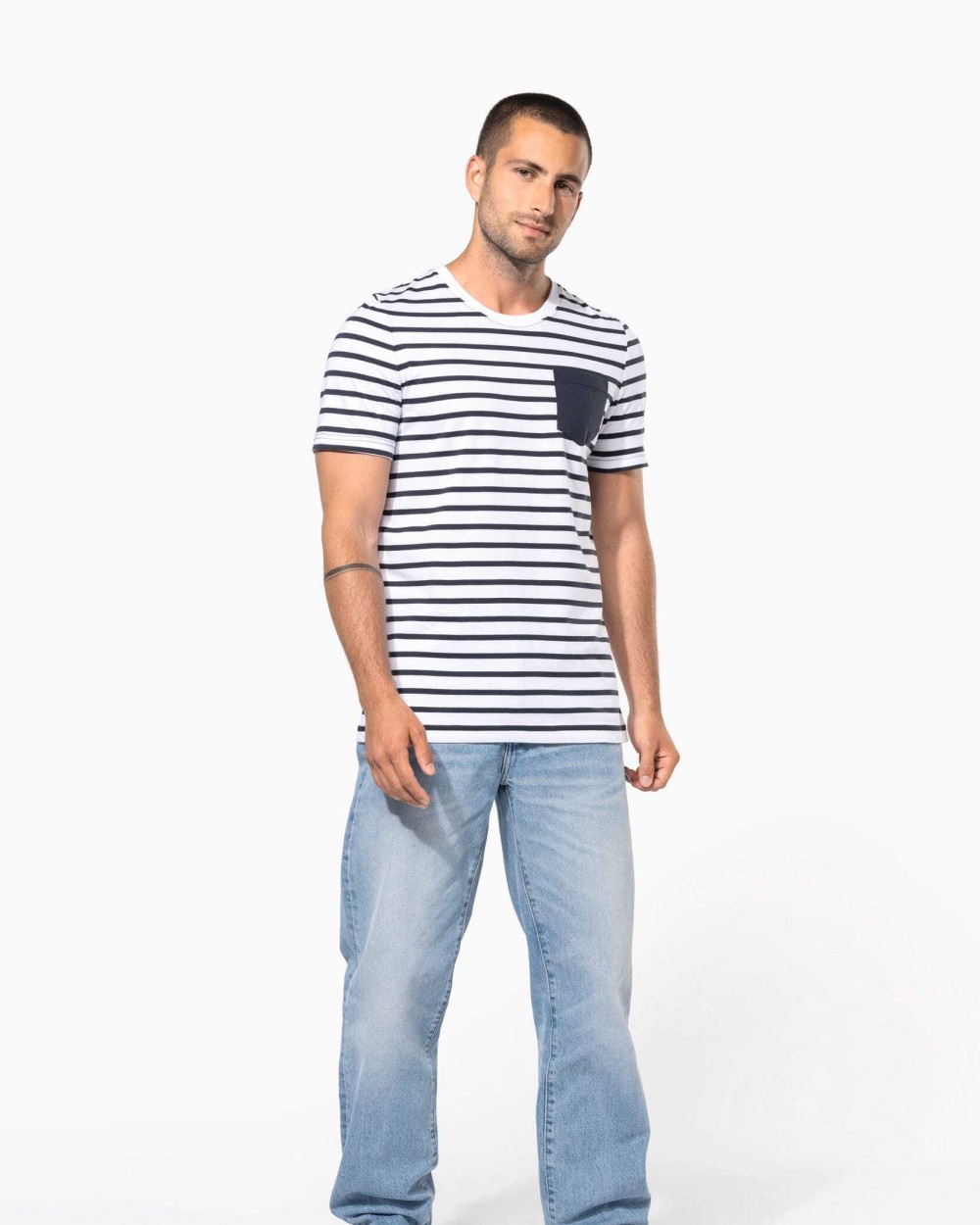 KARIBAN Gestreiftes Kurzarm-T-Shirt im Marine-Stil mit Tasche T-Shirts personalisierbar