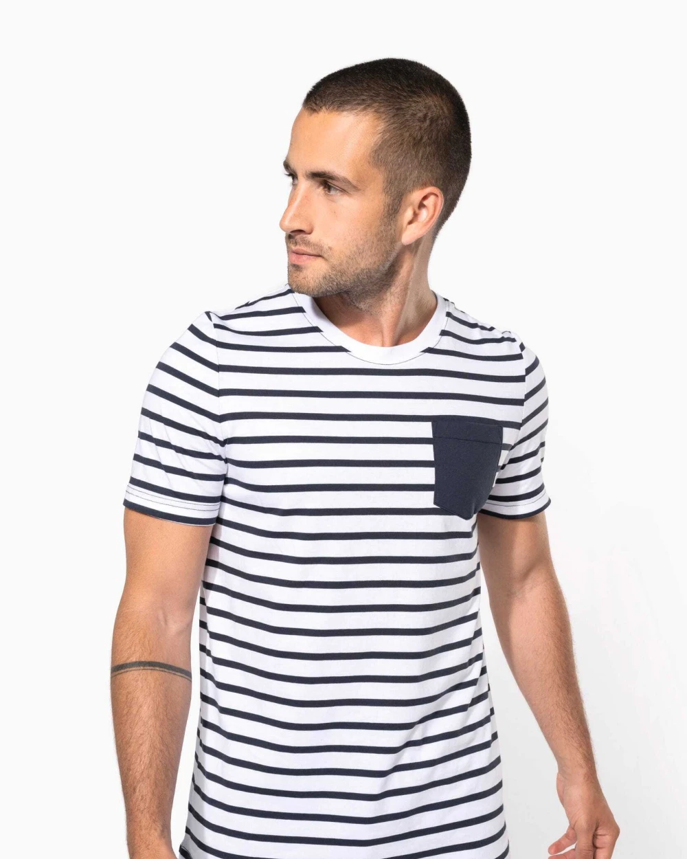 KARIBAN Gestreiftes Kurzarm-T-Shirt im Marine-Stil mit Tasche T-Shirts personalisierbar