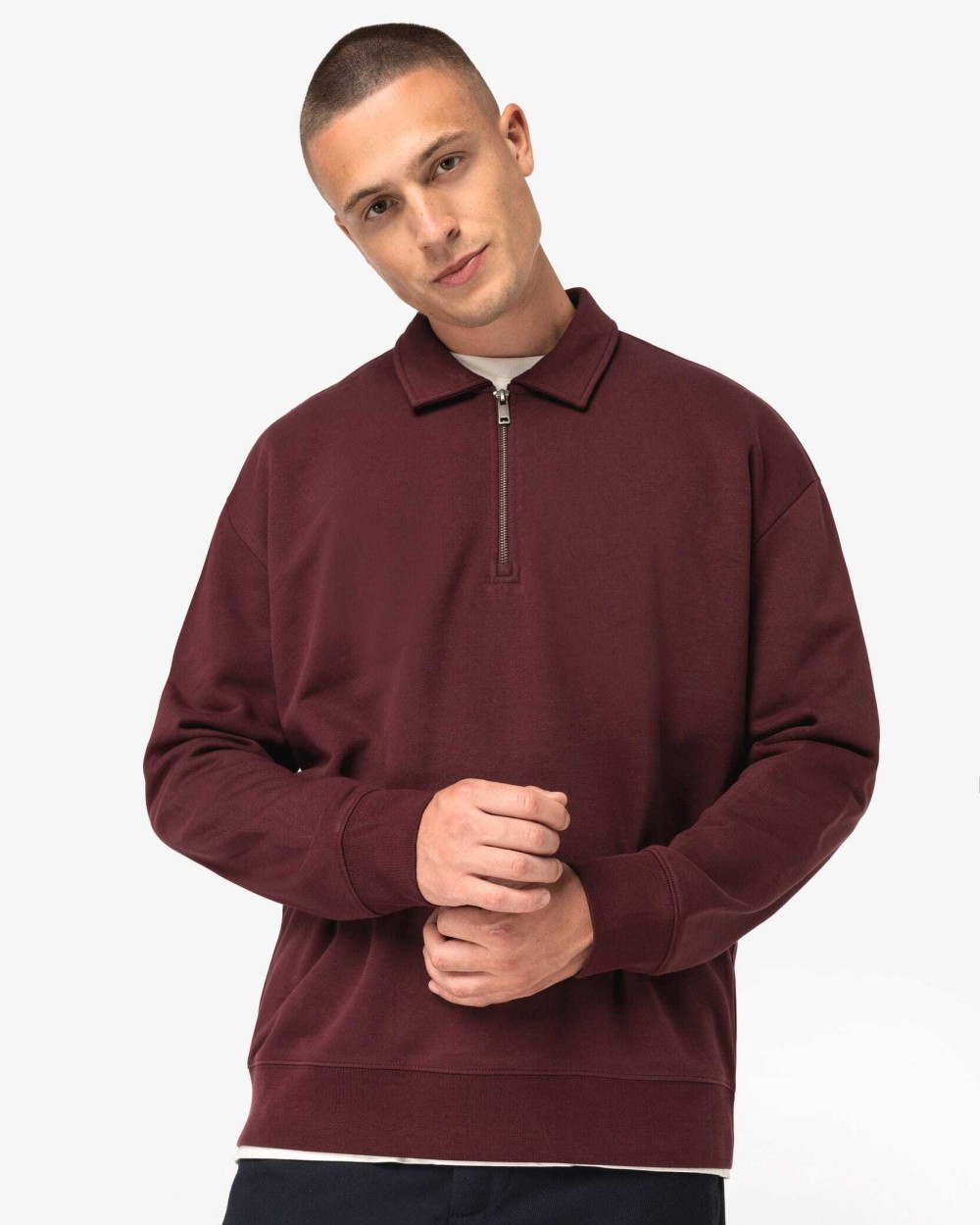 Sweaters & hoodies NATIVE SPIRIT Ecologische uniseks sweater met kwartrits, polokraag en afhangende schouders voor bedrukking &amp; borduring