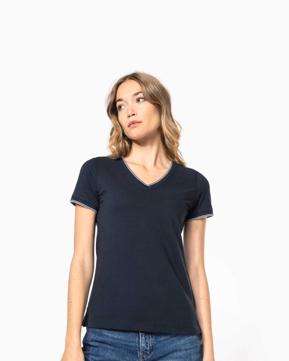 KARIBAN Damen T-Shirt aus Piqué-Trikot mit V-Ausschnitt T-Shirts personalisierbar