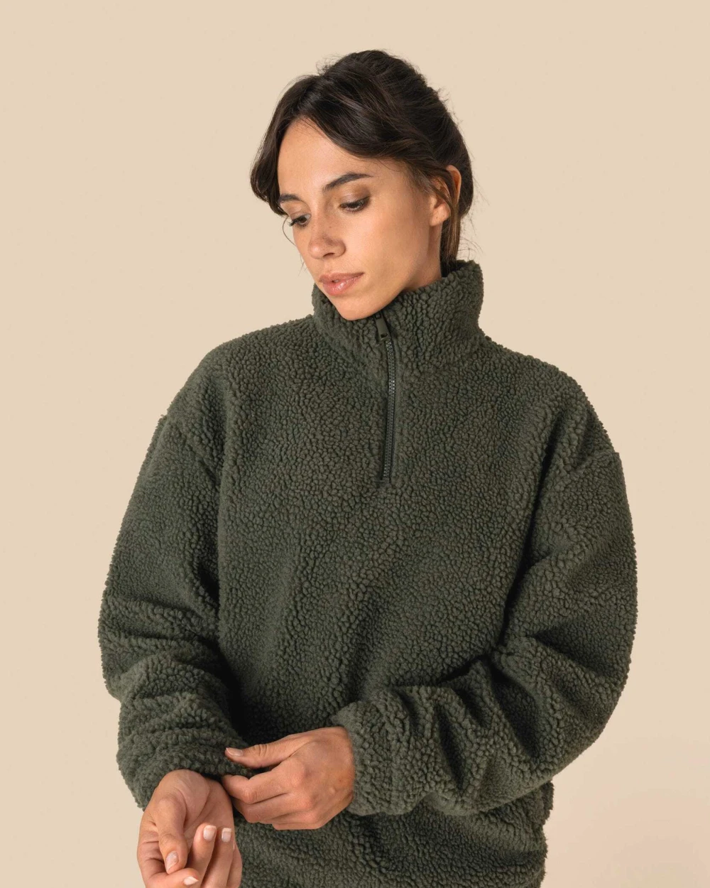 Polar Fleeces SPASSO Uniseks sweater van sherpa met kwartrits en afhangende schouders voor bedrukking &amp; borduring