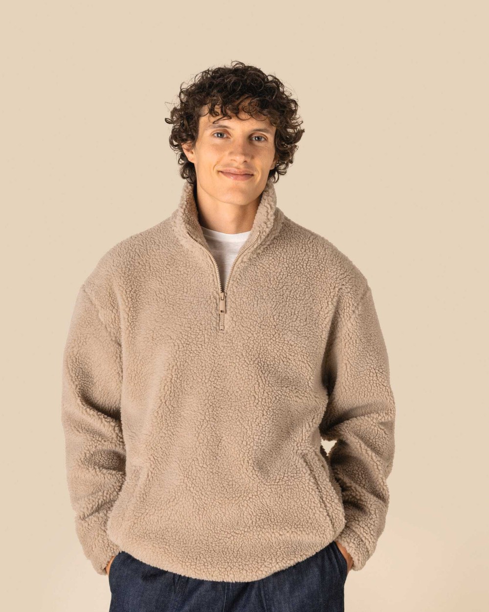 Polar Fleeces SPASSO Uniseks sweater van sherpa met kwartrits en afhangende schouders voor bedrukking &amp; borduring
