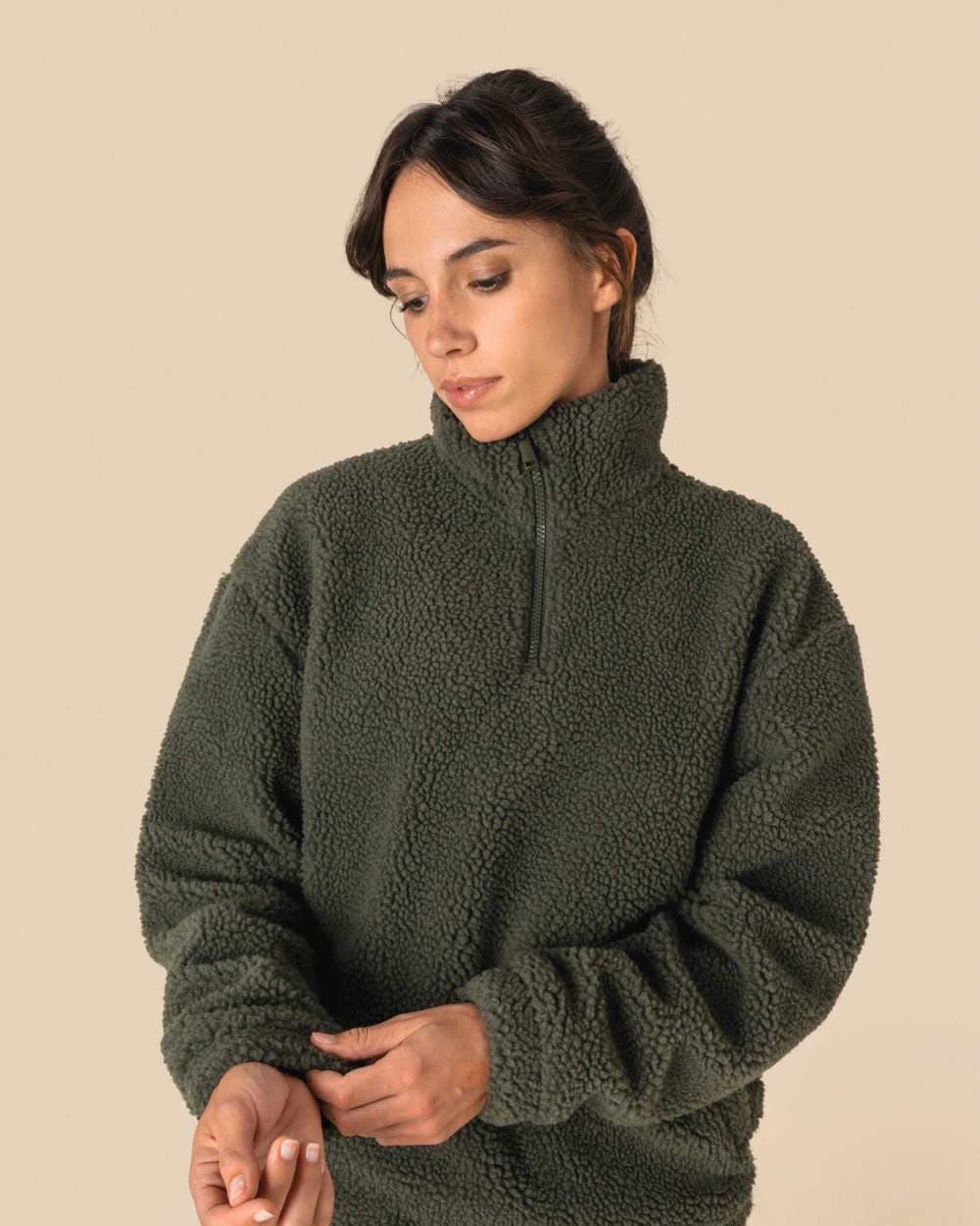 Polar Fleeces SPASSO Uniseks sweater van sherpa met kwartrits en afhangende schouders voor bedrukking &amp; borduring