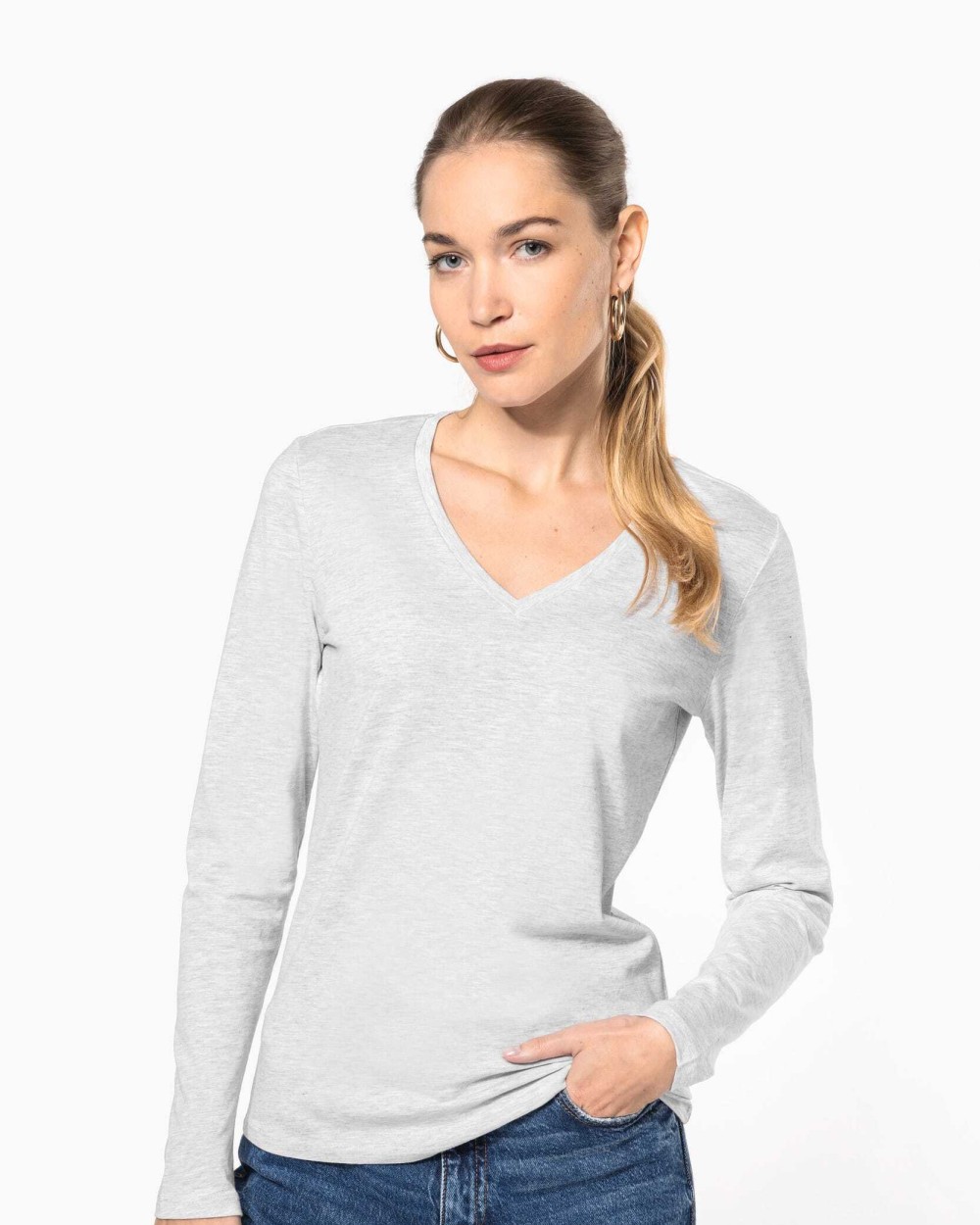 KARIBAN Damen-Langarmshirt mit V-Ausschnitt T-Shirts personalisierbar
