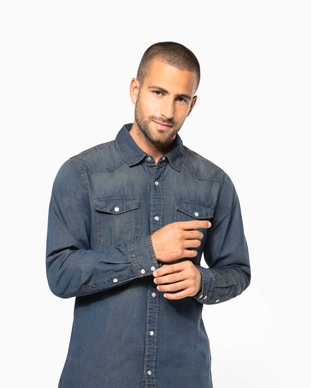 Hemden KARIBAN Heren denim overhemd lange mouwen voor bedrukking &amp; borduring